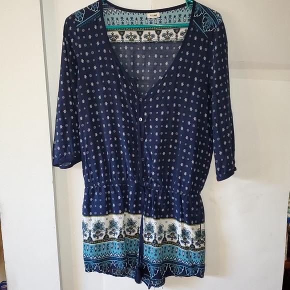 Garage Women's Romper Shorts Outfit Blue & Floral Print Long Sleeves Size S/P - Picture 2 of 16